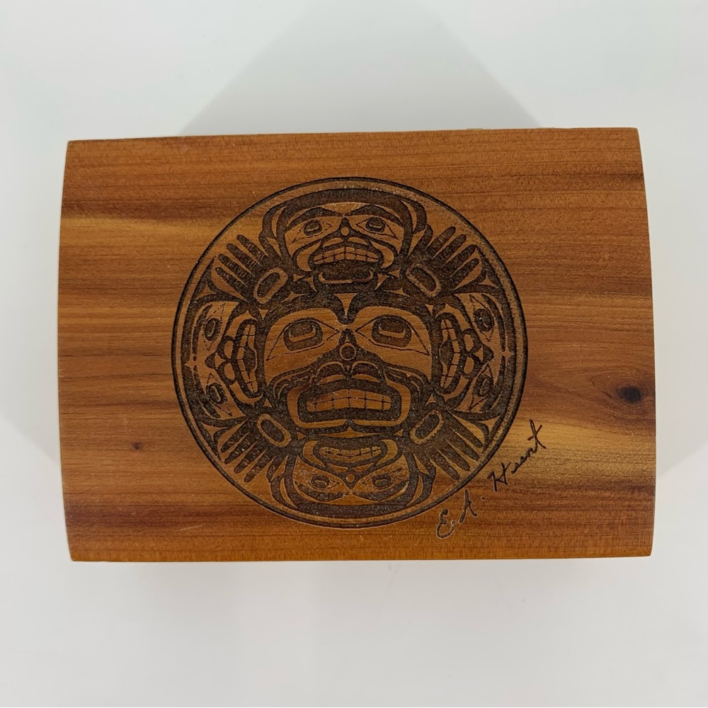 E.A. (Eugene) Hunt Small Carved Cedar Trinket Box, 3.5” x 2.5” x 1.25”